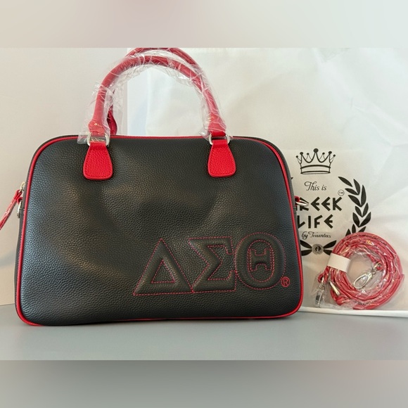 New Tauntus Greek Life Delta Sigma Theta Sorority (ΔΣΘ) Blk&Red Leather Satchel - Picture 2 of 7